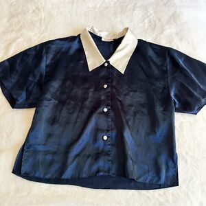 Victoria's Secret Vintage Gold Label Blue White Silky Pajama Top Size Medium